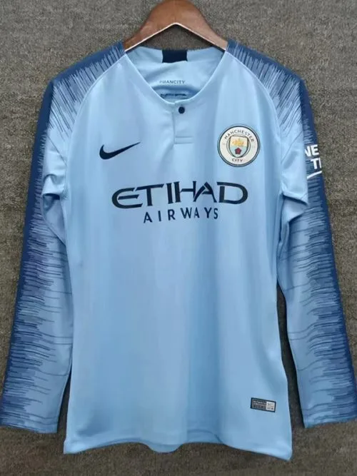 2018-2019 Man City Home Long Sleeve Retro Soccer Jersey