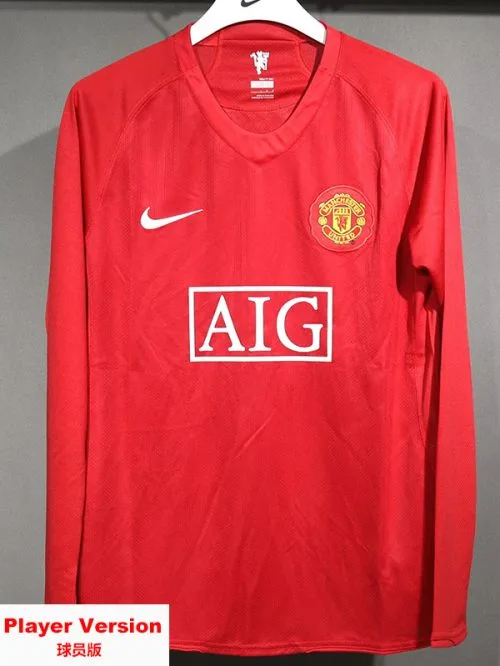 2007-2008 Man Utd Home Player Version  Long Sleeve Retro Soccer Jersey
